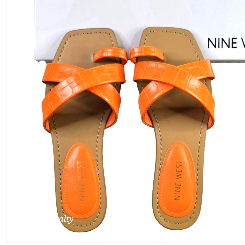Nine West Women's Dotty3 Orange 800 Toe Ring Strappy Flat Sandal Size 5 NEW